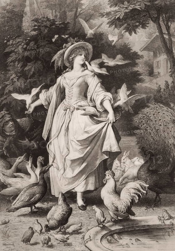Lili feeding pigeons, Lili's Park, poem by Johann Wolfgang von Goethe, after Wilhelm von Kaulbach