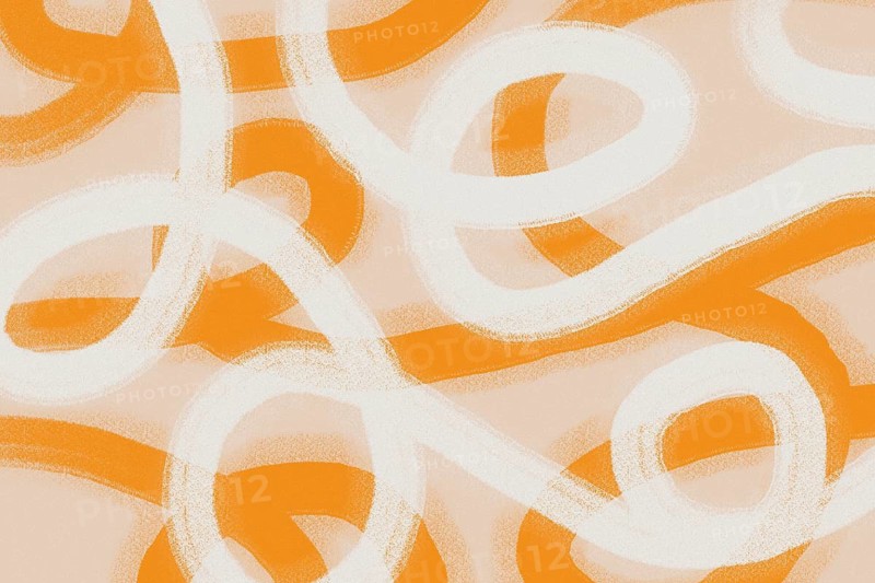 A dynamic abstract design with bold orange and white swirling curves against a soft beige background. The image conveys movement, energy, and creativity through fluid curves