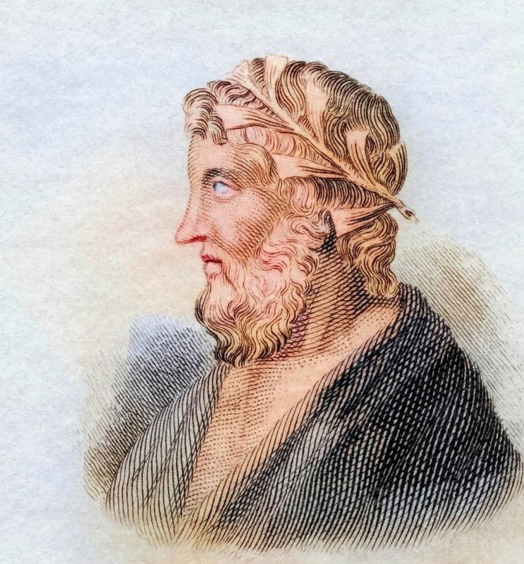 Theokritos, (born around 270 BC) was an ancient Greek poet, coloured woodcut from Crabbe's Historical Dictionary from 1825, Historical, digital reproduction