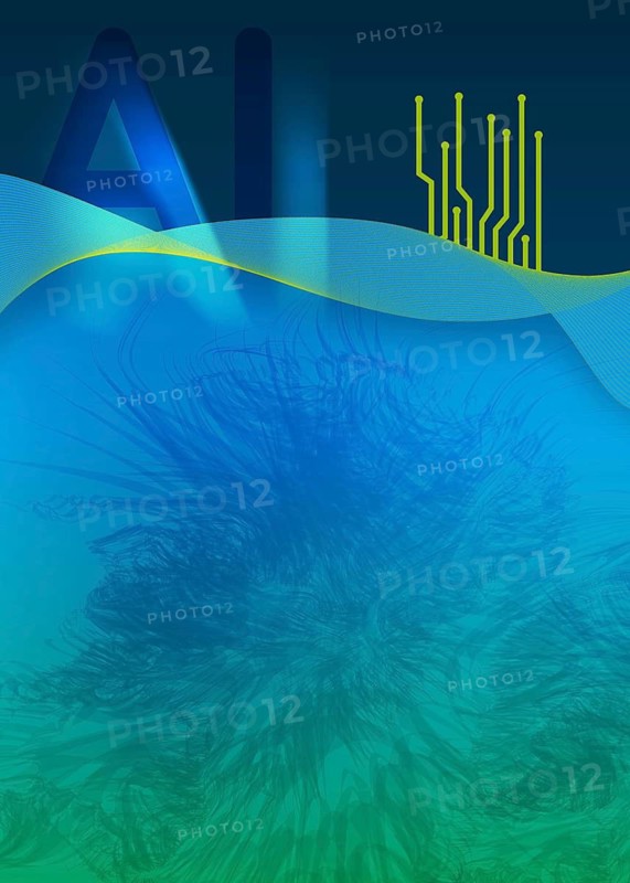 A vividly colored digital background featuring abstract AI lettering and electronic circuit motifs