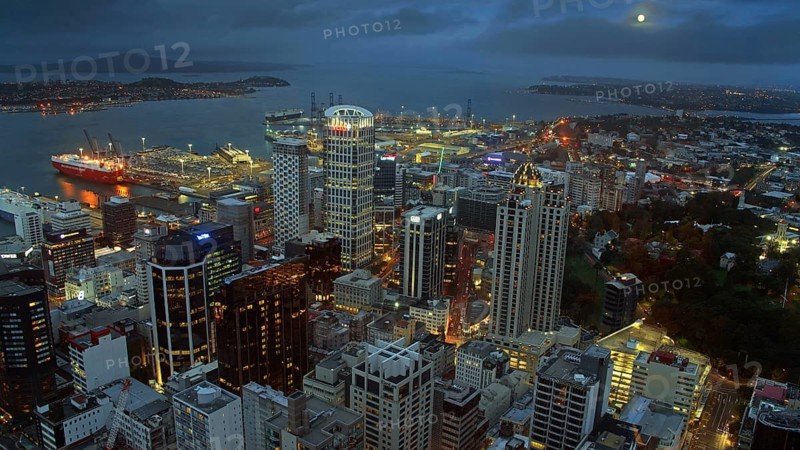 New Zealand, view of Auckland from Skytower, city, skyscrapers, blue hour, lights, Auckland, New Zealand