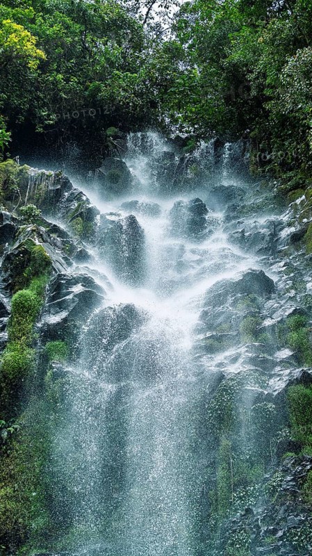 A vibrant waterfall cascades over jagged rocks, engulfed in a misty spray, amidst dense green foliage