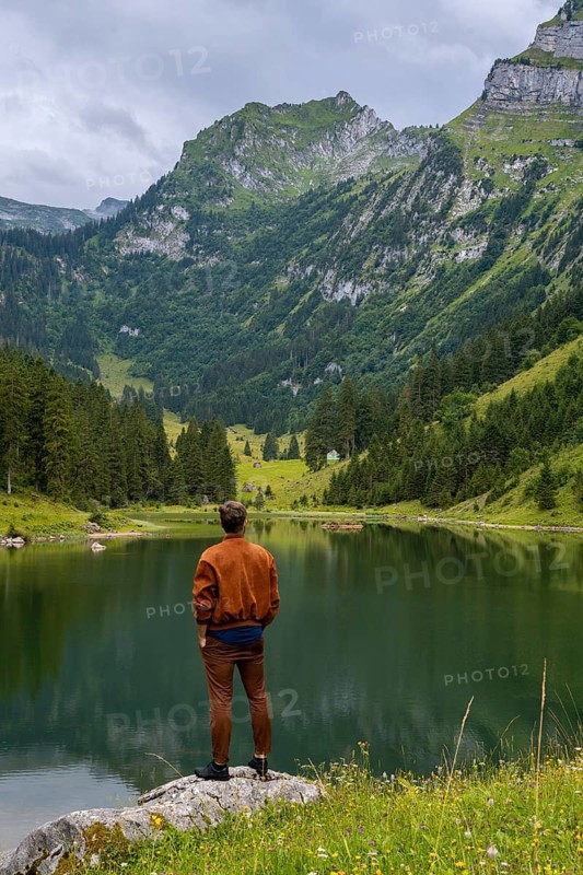A person stands on a rock overlooking a calm lake surrounded by lush, green mountains and evergreen forests in the scenic region of Appenzell, Switzerland, enjoying the tranquil view