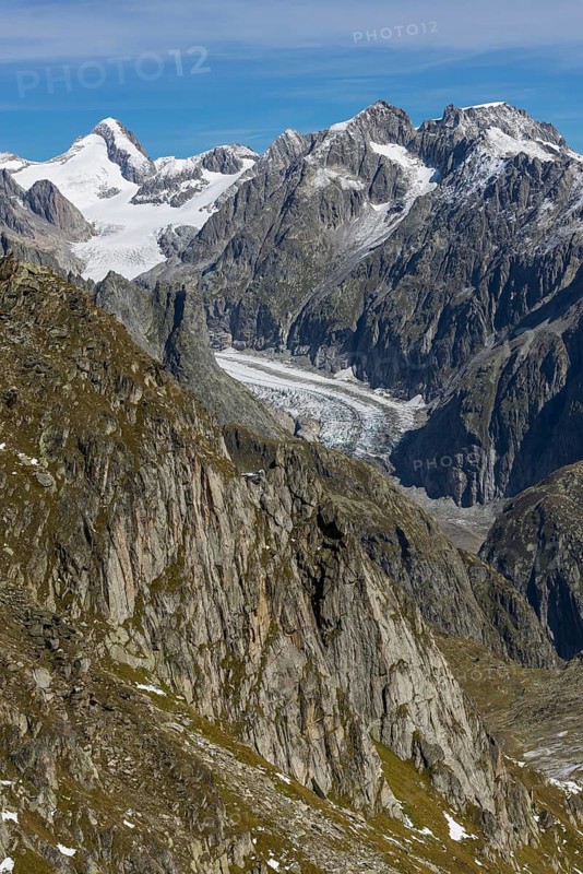 View from the Eggishorn to the Fiescher Glacier in the Aletsch Arena, Glacier, Tourism, Travel, Valais, Switzerland