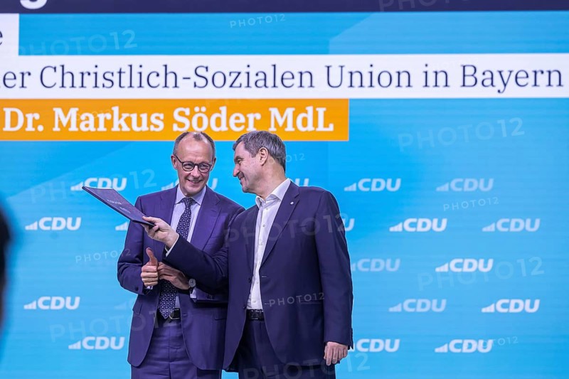 38th Federal Party Congress of the CDU of Germany in Stuttgart. Greetings from Markus Söder, party leader of the sister party CSU and Minister-President of the Free State of Bavaria. Federal Chancellor Friedrich Merz. Stuttgart, Baden-Württemberg, Germany