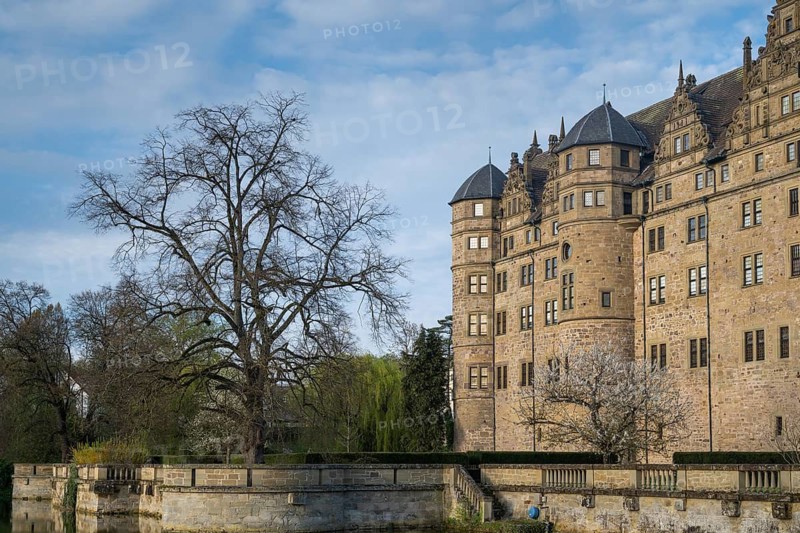 Neuenstein Castle, moated castle from the Staufer period, seat of the Hohenlohe Central Archive Neuenstein, Hohenlohe, Baden-Württemberg, Germany