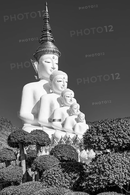 Five-headed Buddha statue, black and white photo, Wat Phra That Sorn Kaew Buddhist temple complex, Phetchabun province, Thailand