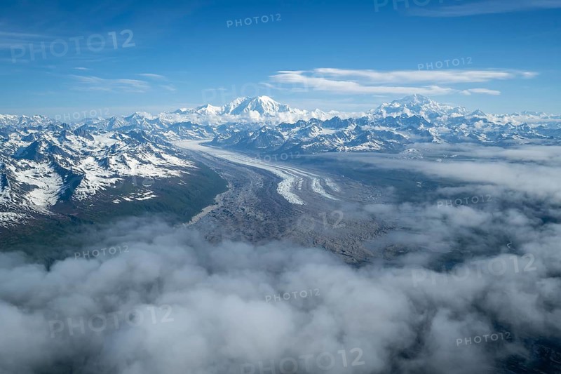 Kahlitna Glacier, Mt Foraker and Mt Denali or Mount McKinley, aerial view, Alaska Range, Denali National Park, Alaska, USA