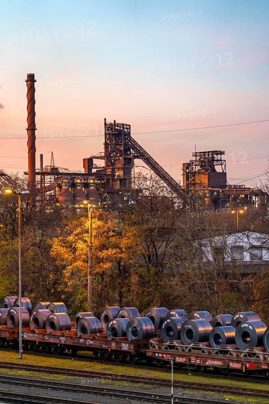 Blast furnace Schwelgern 1 and 2, strip steel rolls, coils, on freight wagons, at the ThyssenKrupp Steel plant Schwelgern in Duisburg-Marxloh belongs to the Bruckhausen steelworks, North Rhine-Westphalia, Germany