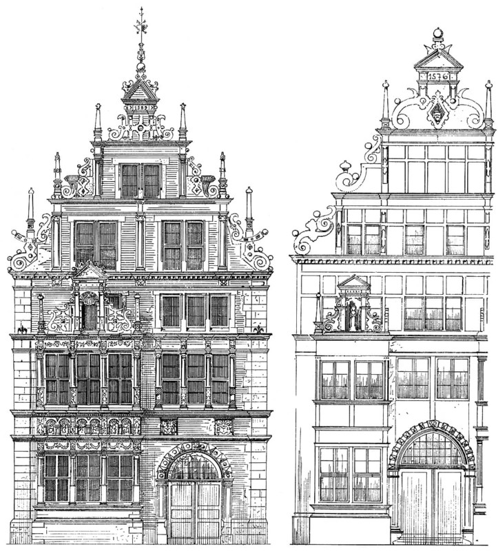 Historical architectural illustration from the 19th Century, 1875, building facades in the Weser Renaissance style, Osterstrasse, Hamelin, Lower Saxony, Germany, Europe, Historische Architektur-Zeichnung aus dem 19. Jahrhundert, 1875, Hausfassaden im Stil der Weserrenaissance in der Osterstraße, Hameln, Niedersachsen, Deutschland
