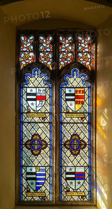 Stained glass window Doughty family crest by Thomas Willement c 1843, Theberton church, Suffolk, England, UK
