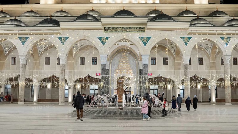 Muslims perform Tarawih prayers at the Millet Mosque, the second largest mosque in Turkey, which is beautifully decorated with festive Ramadan lights amidst a spiritual atmosphere in Gaziantep, Turkey on March 11, 2026, Gaziantep, Turkey