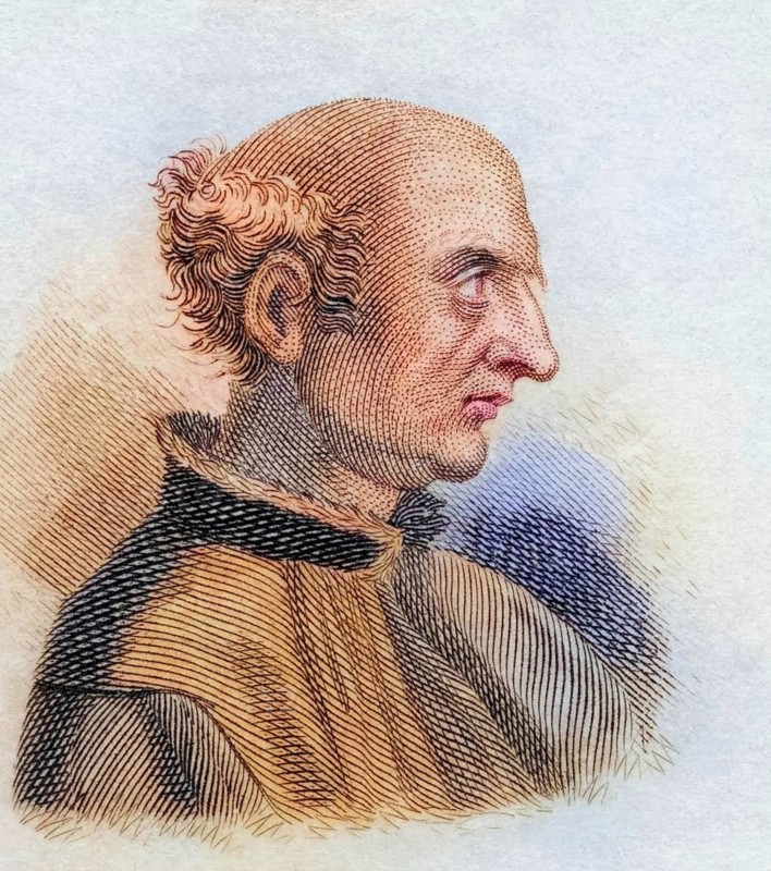 John Isaac Pontanus, 1571 to 1639/40, Danish historian and physicist, coloured woodcut from Crabbe's Historical Dictionary from 1825, Historical, digital reproduction