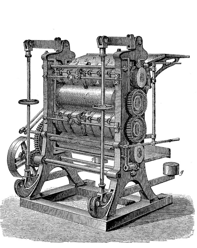 Calender, a system of several heated and polished steel rollers arranged on top of each other, through the gaps of which a melt or other materials are fed. It is used to produce films from plastics, rubber, metals and paper, Historical, digital reproduction of an original 19th century model