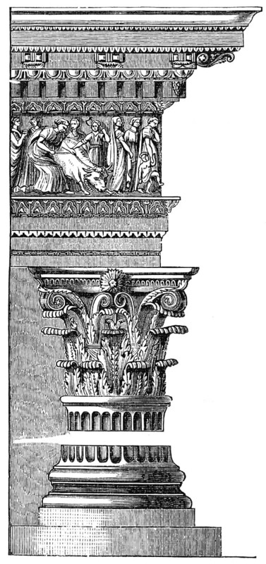 Corinthian column, floral ornaments, depiction of man, woman, bull, ancient Greeks, historical illustration ca. 1890