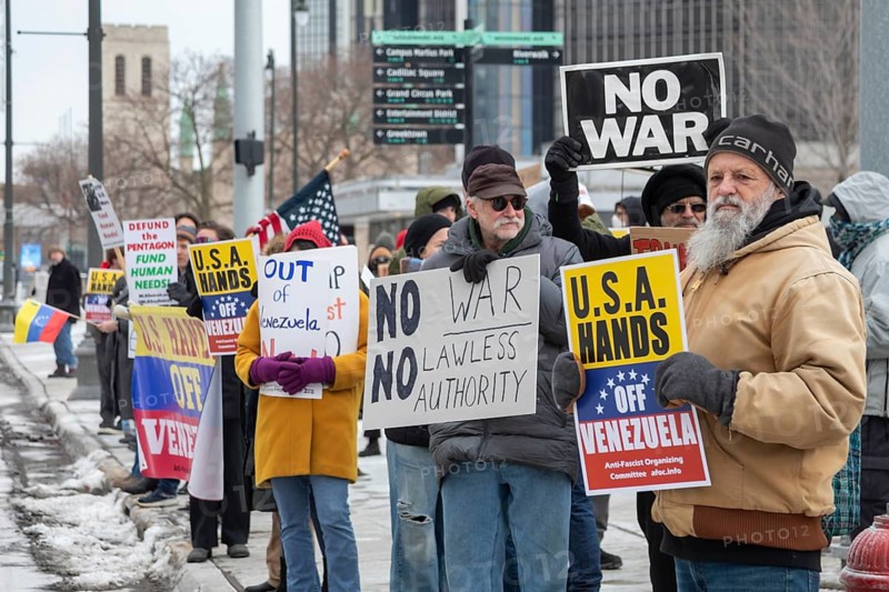 Detroit, Michigan USA, - 3 January 2026 - Activists rally in downtown Detroit to protest President Trump's military action in Venezuela