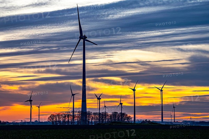 Sunset at Issum wind farm, Lower Rhine, North Rhine-Westphalia, Germany