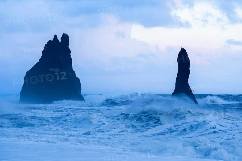 Reynisdrangar pinnacles, lava sandy beach, lava rocks, sea, waves, surf, blue hour, Vik, Iceland, Scandinavia