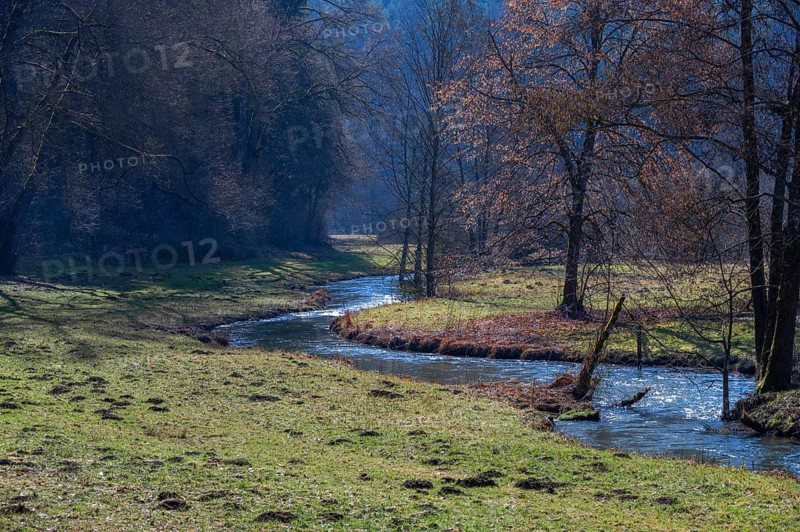 The Aufsess Valley with the Aufseß River at the beginning of spring, Upper Franconia, Bavaria, Germany