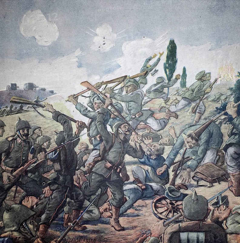 World War 1, on the victorious advance of the allies to the right and left of the Vistula. Conquest of a Russian position north of the Vistula (original pictorial text from 1915, original colouring), illustration, reproduction from a 19th century original. Authentic, file restored for optimal use, exact date of original unknown, Historical, Soldiers fighting fiercely on a hill, rifles in hand, soldiers falling