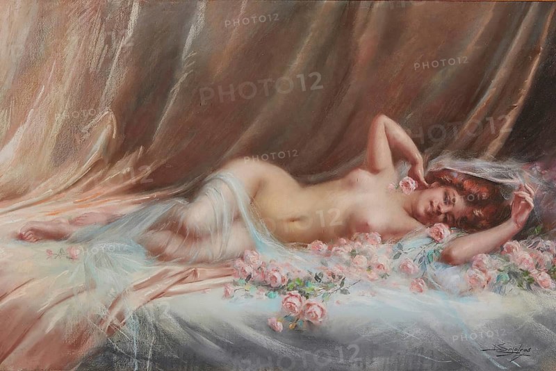Nu Aux Roses, also known as Nude with Roses, is a well-known work by the French academic painter Delphin Enjolras (1857-1945) . It shows a reclining, undressed or partially undressed woman surrounded by roses. The composition emphasises femininity, grace and a calm, sensual atmosphere, illustration, reproduction of a painting. Authentic, File restored for optimal use, Exact date of original unknown, Historic, A nude woman lies amidst flowers and silk scarves, in a tranquil atmosphere