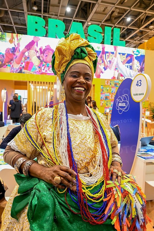 Woman in traditional dress at the Brazilian stand, International Tourism Exchange (ITB), Berlin, Germany