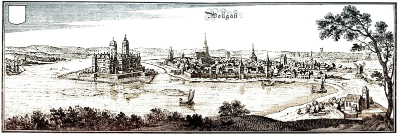 Panoramic view of Wolgast, Mecklenburg Western Pomerania, Germany, Europe, Historische Zeichnung, Stadtansicht von Wolgast, Mecklenburg-Vorpommern, Deutschland, im 17. Jahrhundert