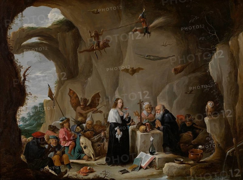 The Temptation of Saint Anthony the Great, painting by David Teniers (baptised 15 December 1610 in Antwerp, died 25 April 1690 in Brussels), Flemish painter, draughtsman and curator. He was an innovator in a variety of genres such as history painting, genre painting, landscape, portrait and still life. He is most remembered today as the leading Flemish genre painter of his time, reproduction from a 17th century painting. Authentic, file restored for optimal use, exact date of original unknown