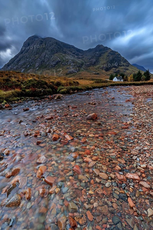 Wild river, cloudy mood, hut, cottage, long exposure, autumn, mountains, Lagangarbh Cottage, Buachaille Etive Mòr, Glencoe, Scottish Highlands, Scotland, Great Britain