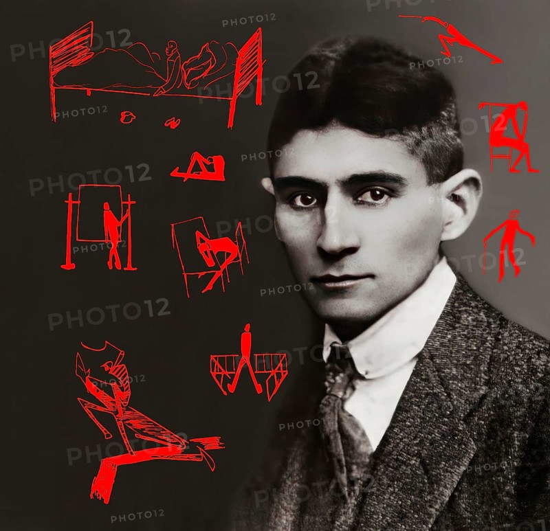 Portrait and a drawing of Franz Kafka, German-speaking Bohemian novelist, digitally edited according to a photograph
