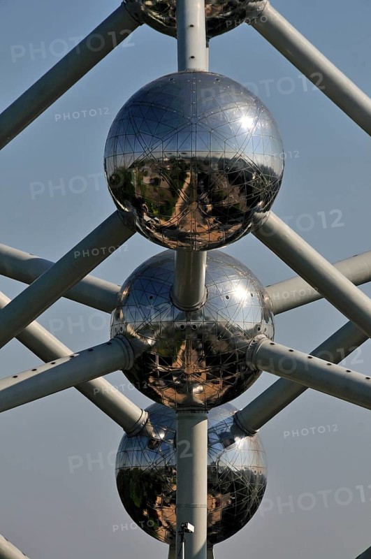 Atomium, built in 1958 for the World Exhibition, uses nine atoms to represent the body-centred cubic elementary cell of an iron crystal structure magnified 165 billion times, Brussels, Belgium