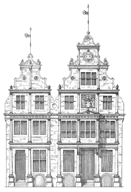 Historical architectural illustration from the 19th Century, 1881, German Renaissance style, 16th century, Gabled town houses on Prinzipalmarkt square, Muenster, North Rhine-Westphalia, Germany, Europe, Deutsche Renaissance, Architektur-Zeichnung, historische Hausfassaden um 1880, Bürgerhäuser am Prinzipalmarkt, Münster, Nordrhein-Westfalen, Deutschland, Europa