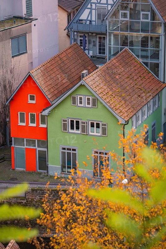 Red and green house in autumn, Calw, Black Forest, Germany