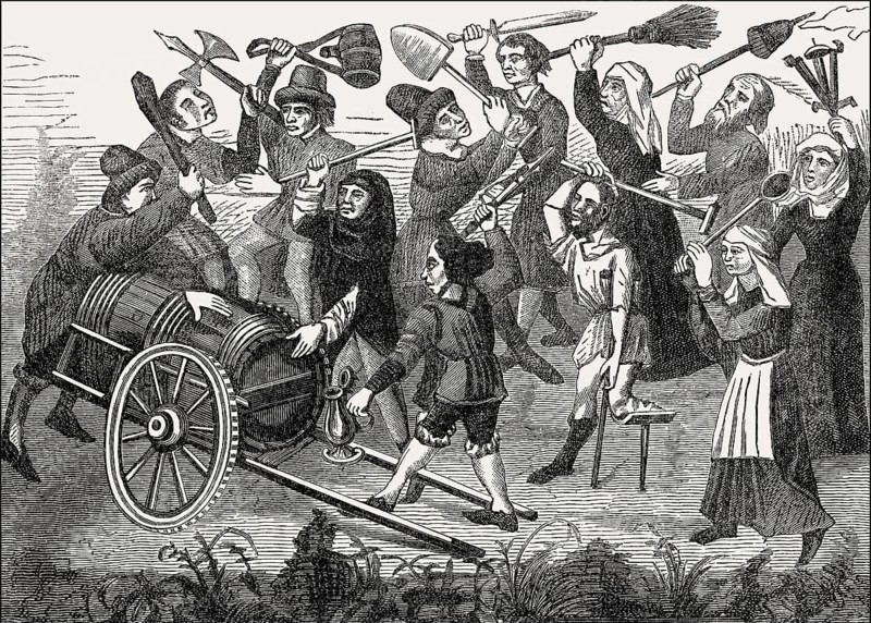 Battle of beggars and peasants fighting around a barrel of wine, Paris, France, 15th century