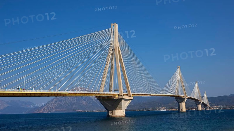 Detailed architecture of a bridge stretching across the sea, Rio-Antirrio cable car bridge, Patras, Peloponnese, Greece
