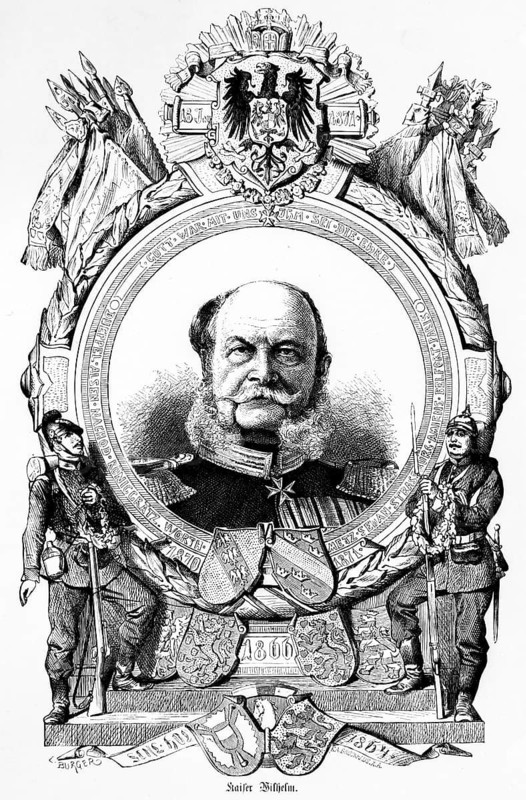 Portrait in a laurel wreath, Wilhelm Friedrich Ludwig of Prussia, Hohenzollern Emperor, motto, God with us and to him the honour, orders, uniform, symbols of power, dates of the great military victories and foundation of the empire in 1871, 1866 German-Danish War, victory at Düppel, two soldiers on guard, flags, imperial eagle, imperial crown, coats of arms of the provinces, historical illustration 1884