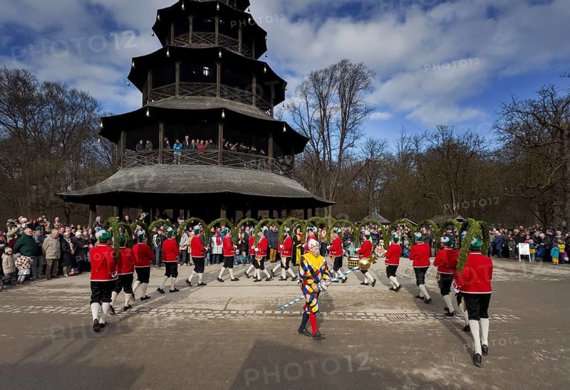 Schaeffler dance in 2026 in the English Garden, behind the Chinese Tower. The event takes place every 7 years between Epiphany and Shrove Tuesday, Munich, Bavaria, Germany