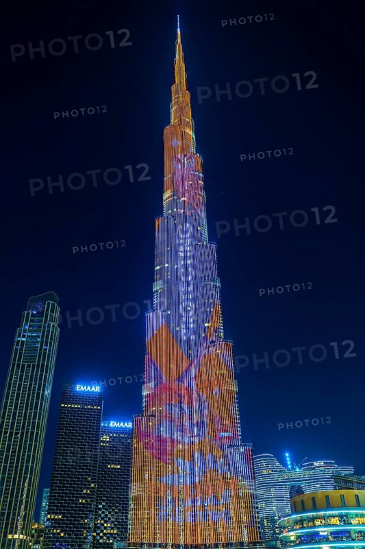 Night shot, illuminated advertising at the Burj Khalifa, Downtown, Dubai, United Arab Emirates