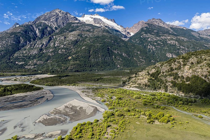 Road Carretera Austral, gravel road along river Rio Baker, south of Cochrane, aerial view, Patagonia, Chile