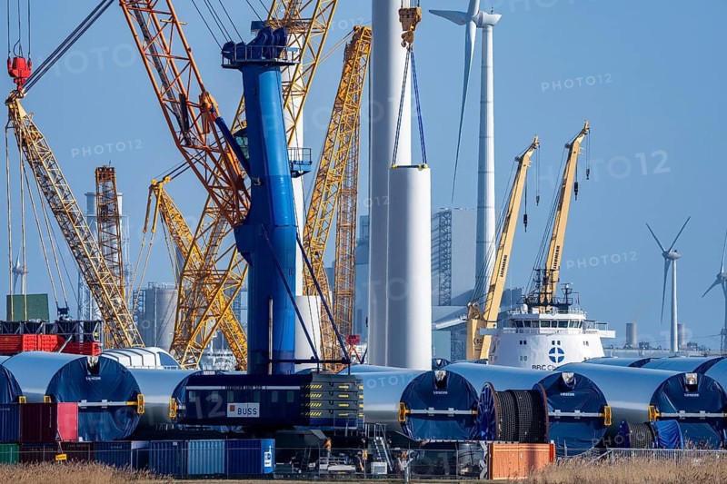 The seaport of Eemshaven, Julianahaven Basin, is where the components, rotors, tower components, technical gondolas, for offshore wind farms, which are then assembled into actual wind turbines, the components are transported to the wind farms in the North Sea with large working vessels and assembled there, Eemshaven, the Netherlands