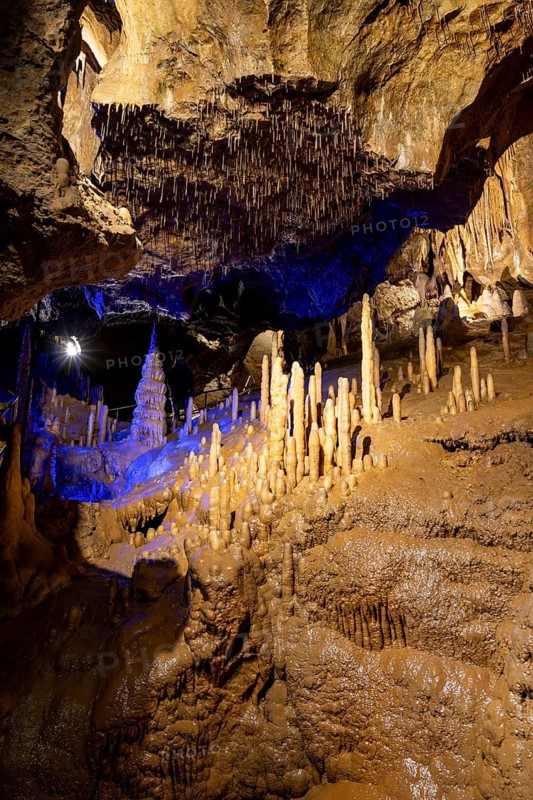 Stalagmites and stalactites in a cave, Devil's Cave Pottenstein, Franconian Switzerland, Franconia, Bavaria, Germany