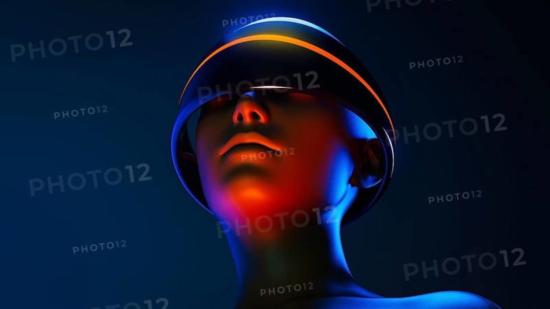 A humanoid wearing virtual goggles experiences an augmented world filled with artificial intelligence and futuristic elements under vibrant lighting