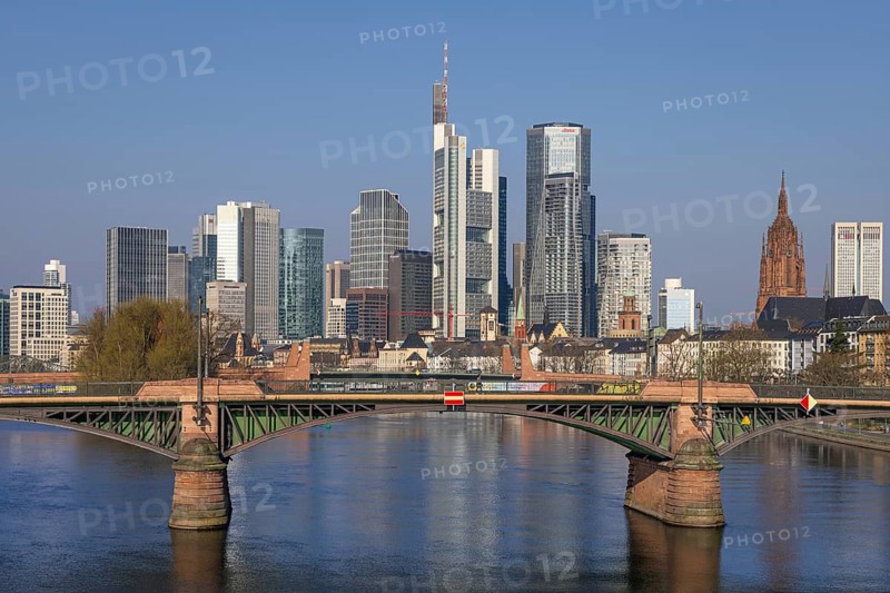 Blue sky shines over Frankfurt's banking skyline, Frankfurt am Main, Hesse, Germany