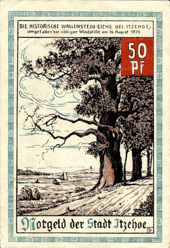 Banknote, Banknote, 50 Pfennig, City of Itzehoe, historic Wallensein oak, 1921, Germany, Reproduction of a historic banknote