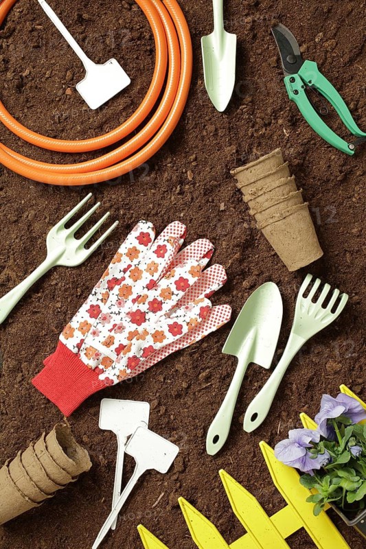 A flat lay of gardening tools including gloves, trowel, hose, and pots on rich soil, symbolizing growth and nature. Bright colors add visual appeal to this garden scene