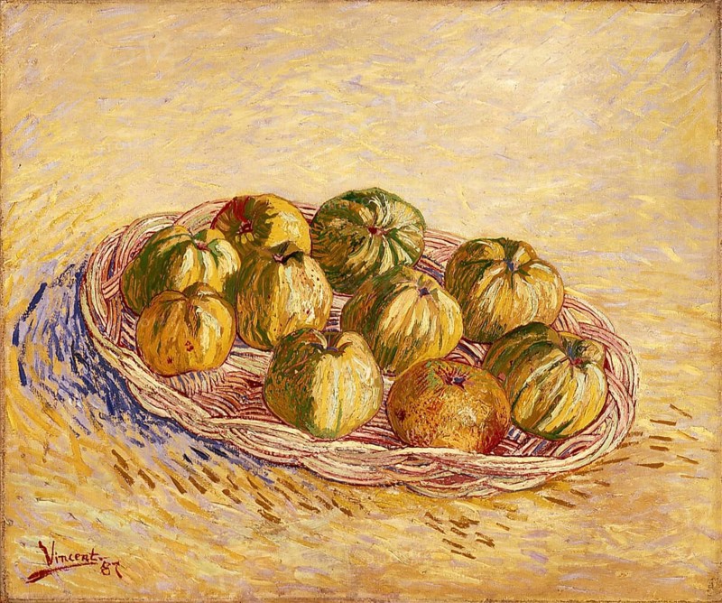 Still Life, Basket of Apples (1887), Still Life, Basket of Apples (1887), Painting by Vincent Willem van Gogh (born 30 March 1853 in Groot-Zundert, died 29 July 1890 in Auvers-sur-Oise), Dutch painter and draughtsman, one of the founders of modern painting, Illustration, Reproduction from a painting. Authentic, exact date of the original unknown, Historical, A basket full of pumpkins in warm autumn tones, arranged as a still life