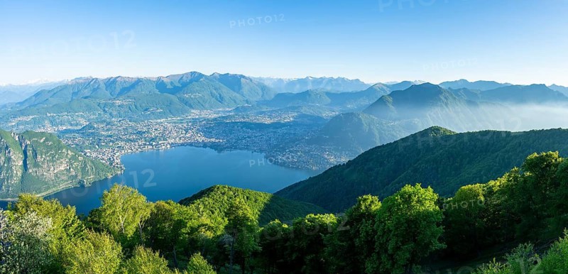 View of Lake Lugano and Lugano from Mount Sighignola, Balcone Svizzero, Tessin, Switzerland
