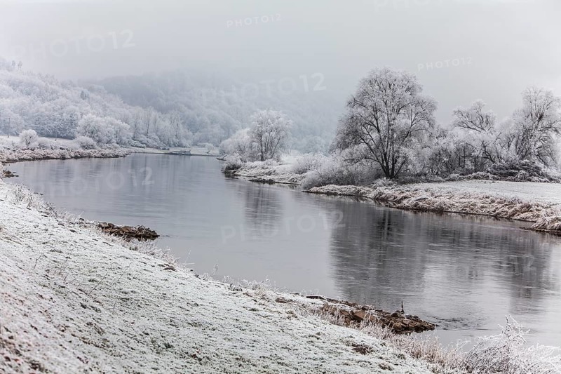 Landscape with River Weser near Wesertal in winter, district of Kassel, Hesse, Germany