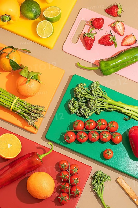 A vibrant top down view of fresh fruits and vegetables on colorful cutting boards. The display includes tomatoes, strawberries, oranges, and bell peppers, showcasing healthy ingredients