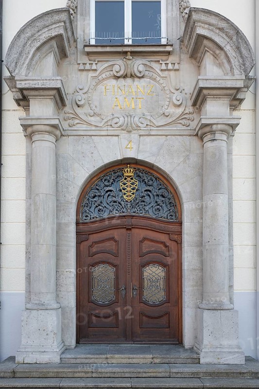 Baroque entrance area, portal, wooden doors from the former tax office in Lindau, Bavaria, Germany
